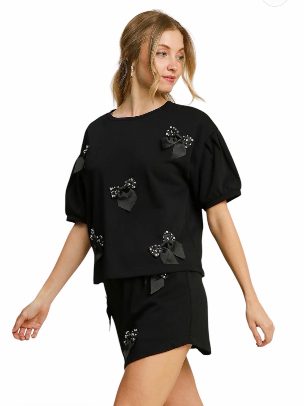 Umgee Black French Terry skort two piece with Rhinestone Ribbon Detail Sz Small